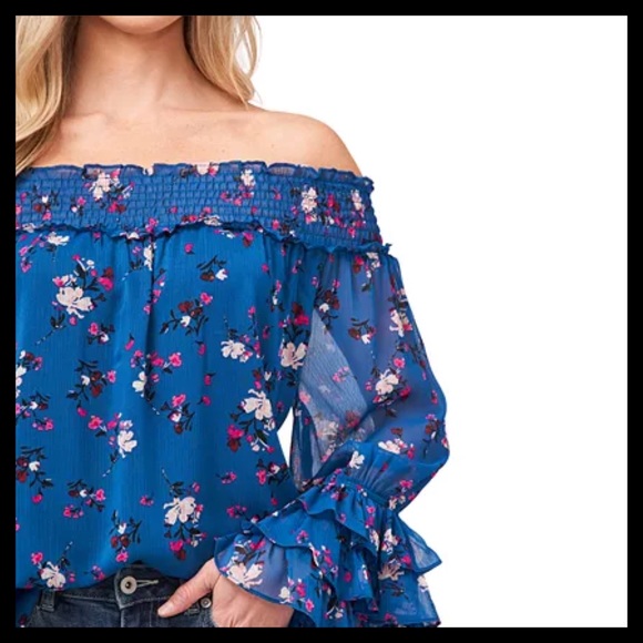 CECE Women's Off-The-Shoulder 
Floral Destiny Top Color: Sapphire Sky - Picture 2 of 5